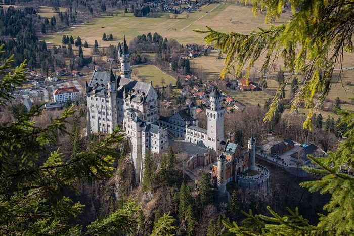 Neuschwanstein Castle in Bavaria, Germany, seen from above