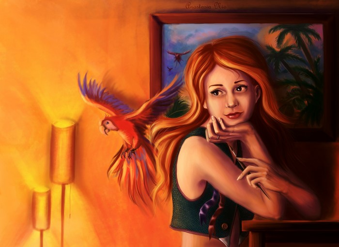 Redhead girl with parrot and painting