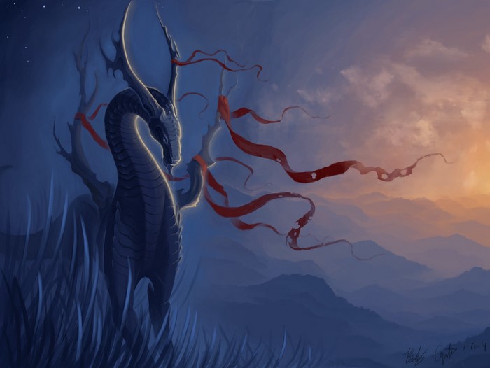 Dragon with red ribbons in a misty landscape