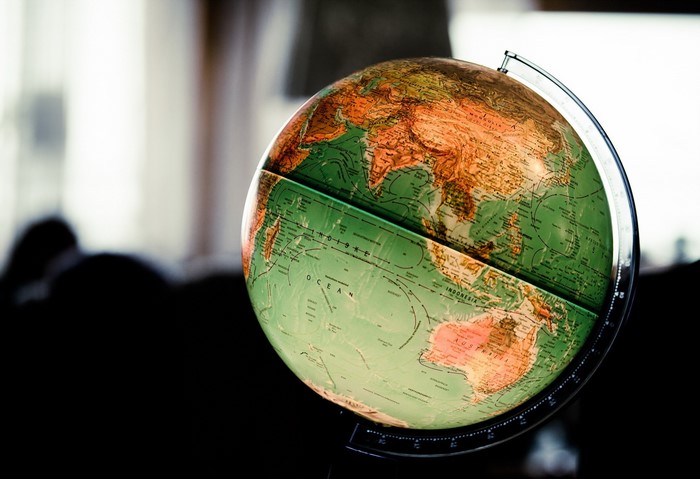 Close-up of a vintage globe showing Asia and Australia