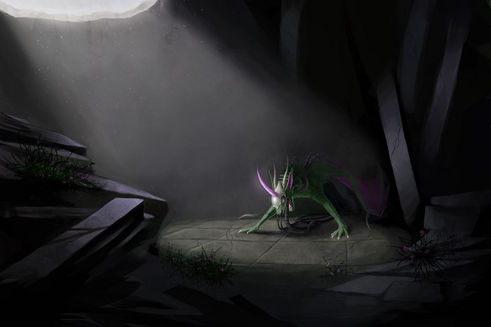 Green dragon with horns in a cave