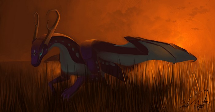 Dragon with horns in a field at sunset