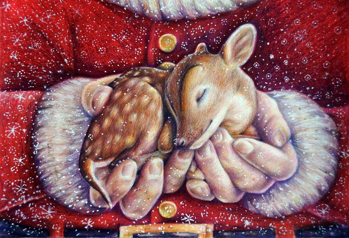 Santa holding a sleeping fawn, Christmas painting