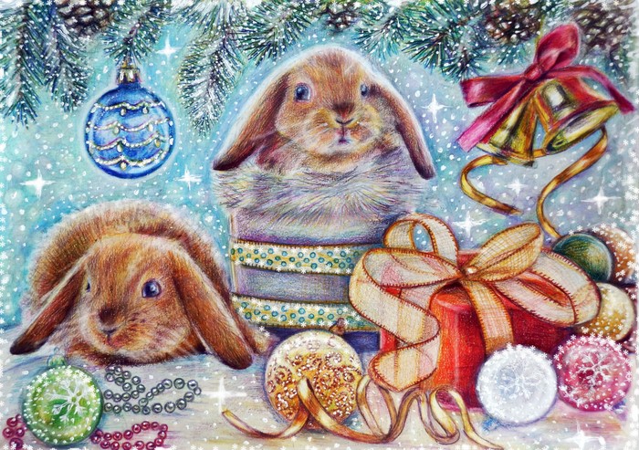 Christmas Rabbits with Ornaments and Gifts