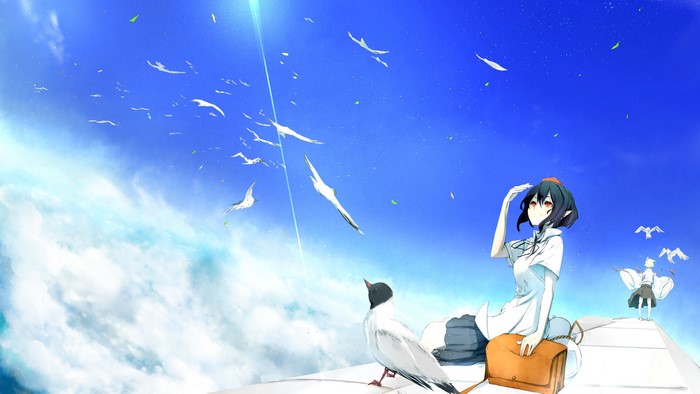 Anime girls and birds in the sky