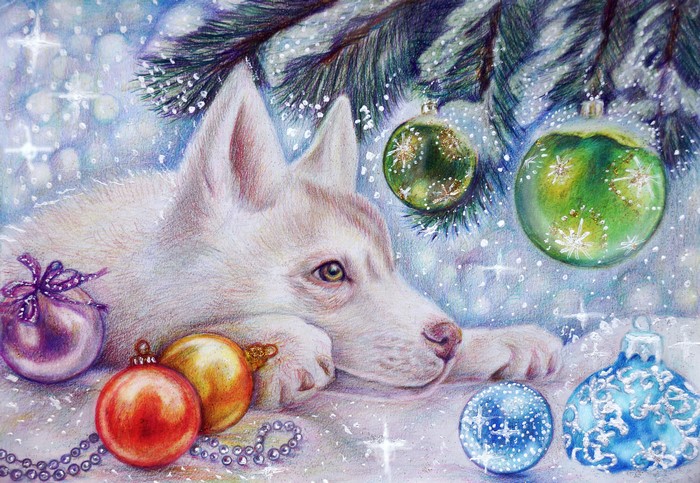 Alaskan Malamute with Christmas Ornaments Painting