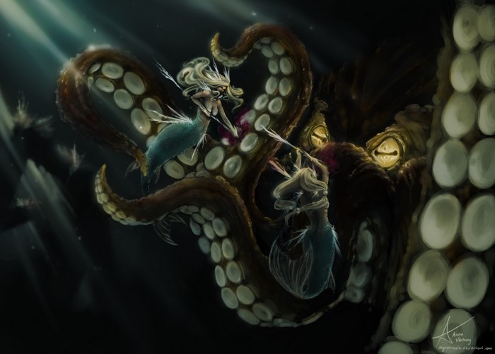 Mermaids Battling a Kraken Underwater