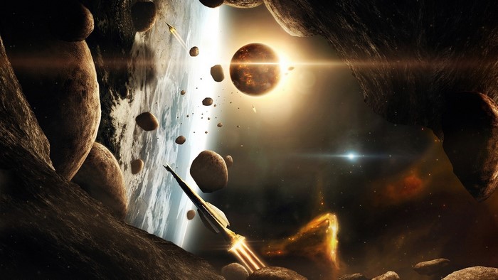 Spaceships navigating an asteroid field near a planet