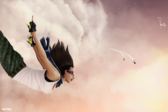 Woman skydiving with missiles in the sky