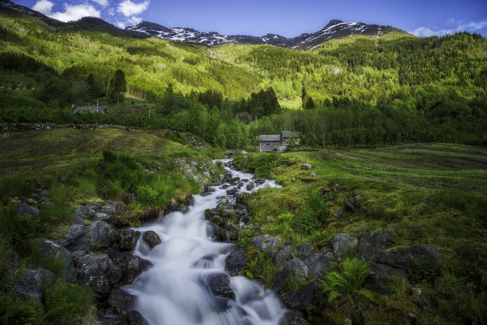Stream flowing through a Norwegian valley with mountains