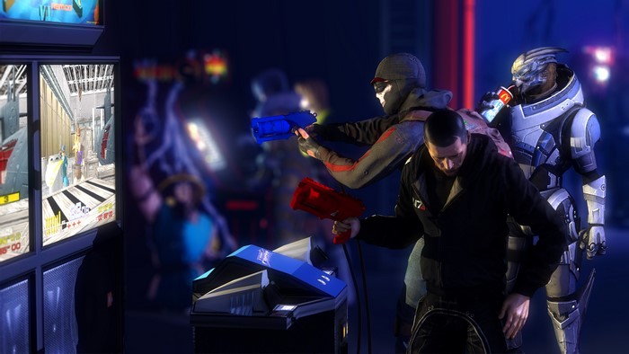 Garrus Vakarian and Shepard playing arcade game