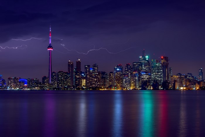 Toronto Skyline with Lightning and Reflections