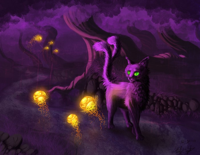 Magical cat with glowing jellyfish in a purple forest