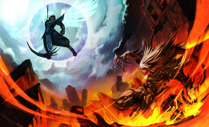 Warriors battling with scythes and monsters