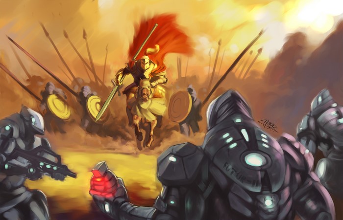 Knight on horseback leads futuristic soldiers in battle