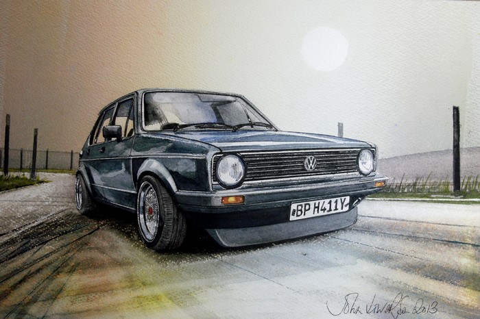 Watercolor painting of a dark blue Volkswagen Golf II GTI