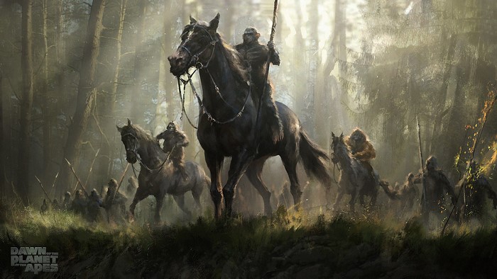 Apes on horseback in a forest, Dawn of the Planet of the Apes