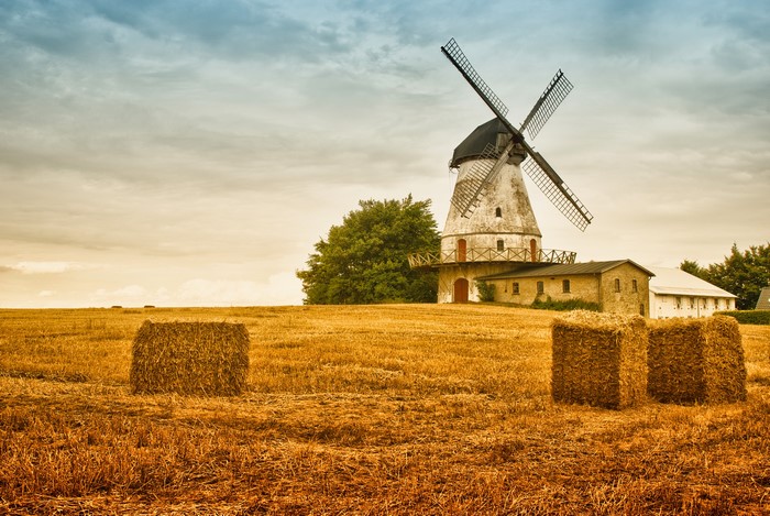 Windmill in a harvested field with hay bales