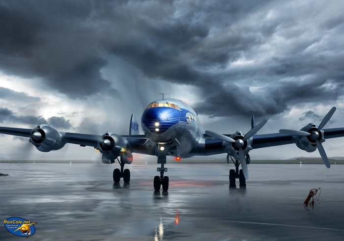 Pan Am Lockheed Constellation on wet tarmac under stormy clouds
