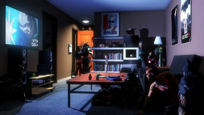 Vaas, Garrus, Batman, Iron Man, Nova Terra, Raiden, and others in a room