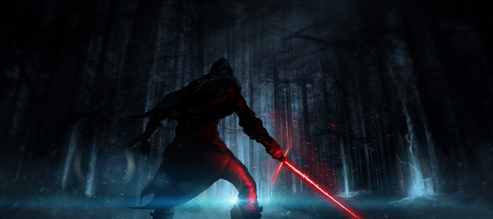 Kylo Ren from Star Wars with a red lightsaber in a forest