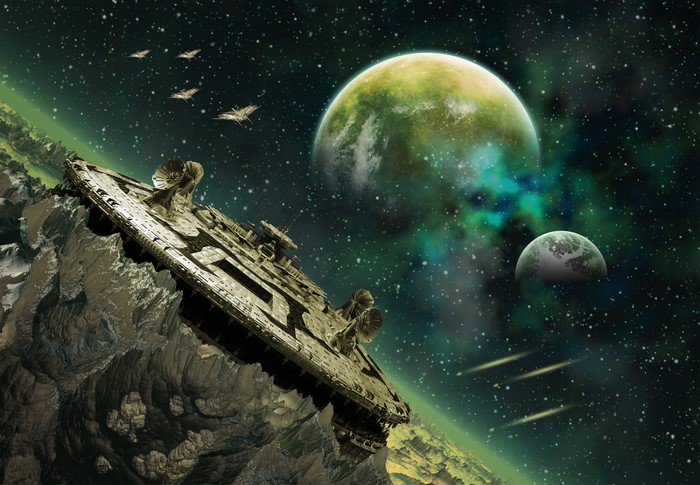Spaceship near asteroid with planets and nebulae