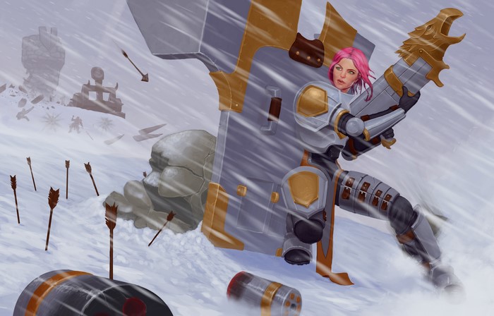 Vi from League of Legends in a snowy battle