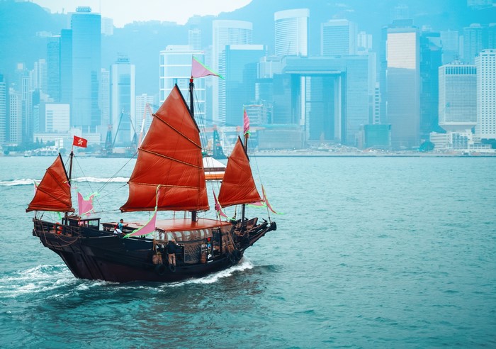 Traditional Chinese junk boat sailing in Hong Kong harbor