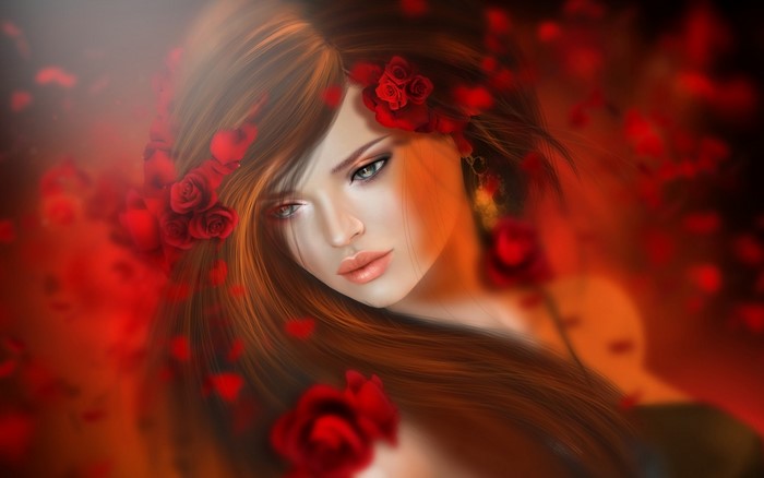 Brunette girl with roses in her hair