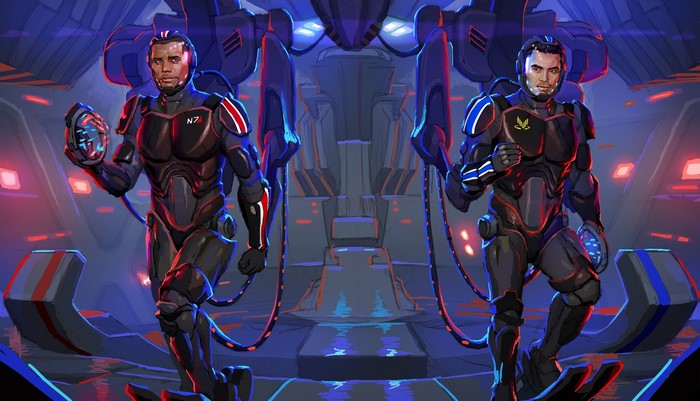 Kaidan Alenko and Shepard from Mass Effect in mech suits