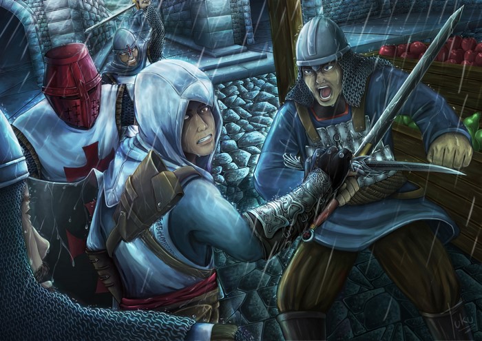 Assassin from Assassin's Creed fighting soldiers in the rain