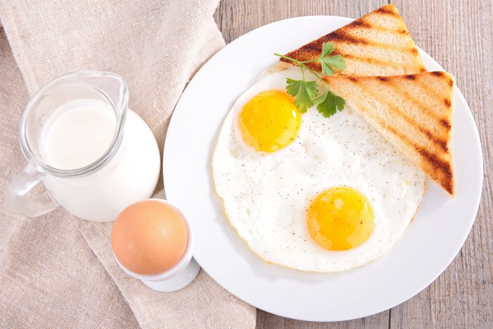 Fried eggs with toast and milk