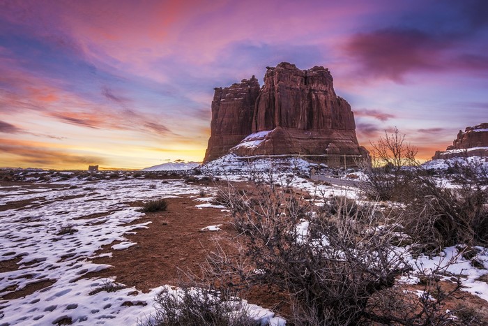 Arches National Park Utah at Sunset with Snow