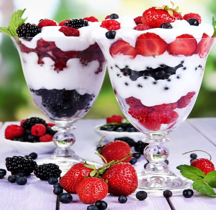 Berry parfait with strawberries, raspberries, and blueberries
