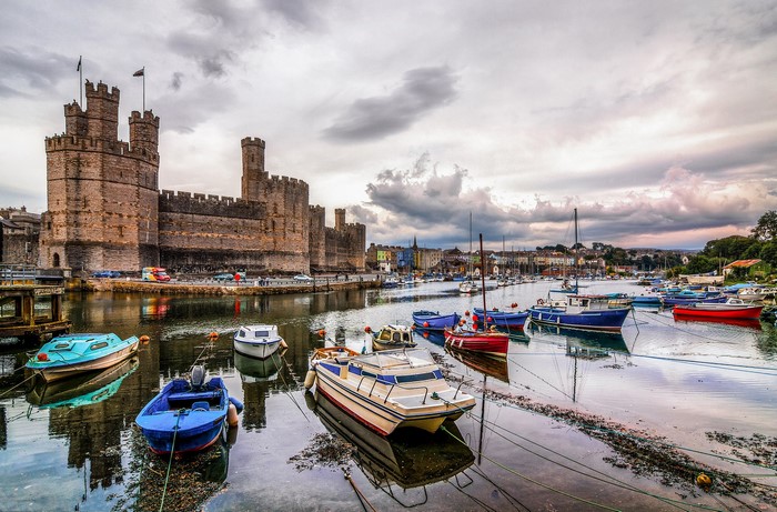 Caernarfon Castle Harbor with Boats, United Kingdom