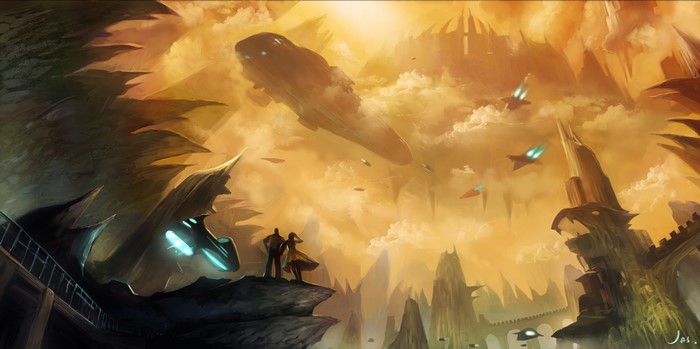 Couple overlooking a futuristic city with flying ships