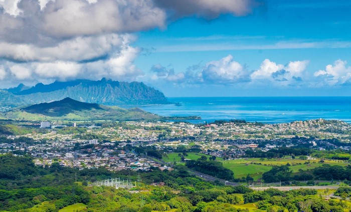 Coastal City with Mountains and Ocean
