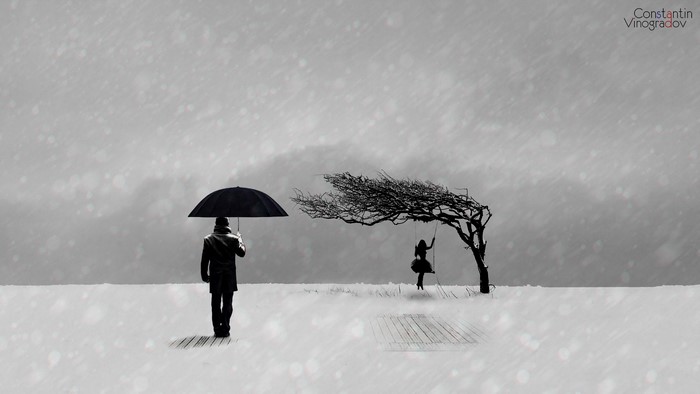 Man with Umbrella and Girl on Swing in Winter