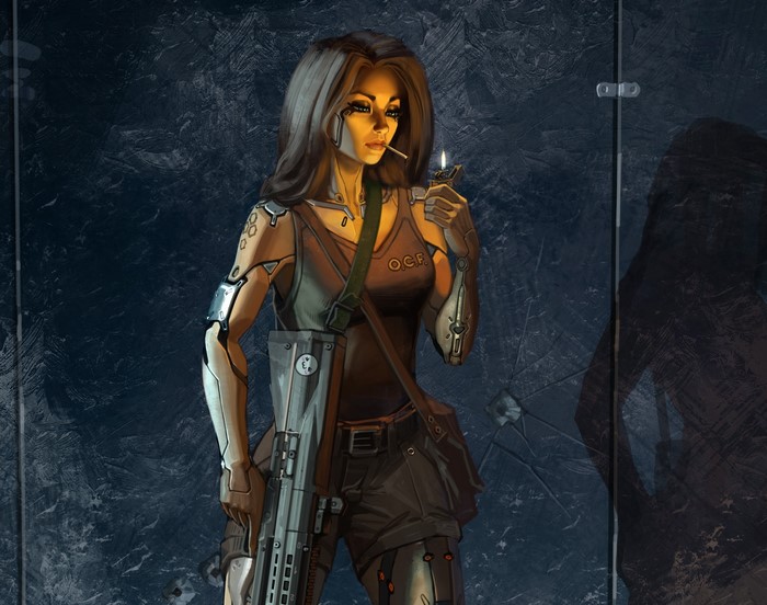 Woman with cybernetic arms holding a rifle