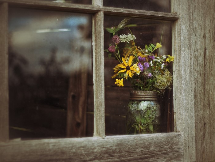 Wildflowers in a Mason Jar on a Window Sill