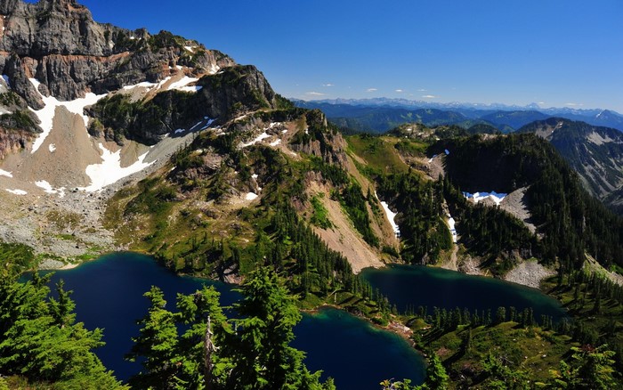 Mountain landscape with alpine lakes and evergreen trees