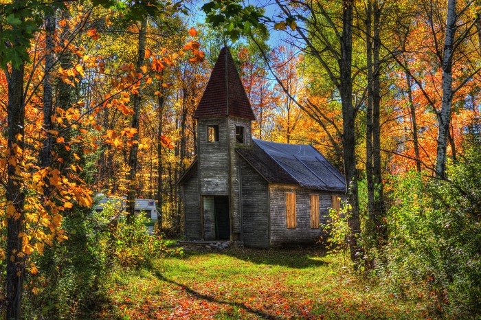 Old wooden church in autumn forest