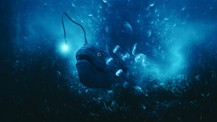 Anglerfish with bioluminescent lure and jellyfish in deep sea