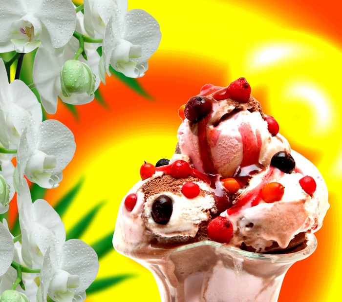 Ice cream with berries and orchids