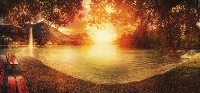 Lake and Mountains Scenery with Waterfall and Benches