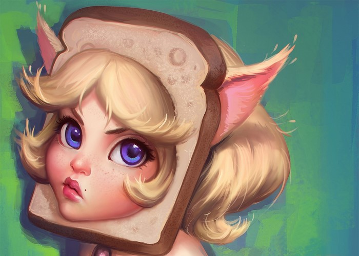 Girl with bread on her head and cat ears