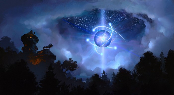 Mysterious glowing orb in a starry sky above a forest