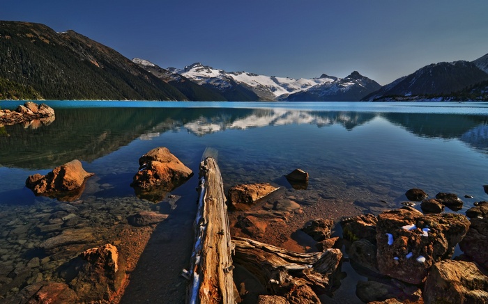 Turquoise lake and snow-capped mountains