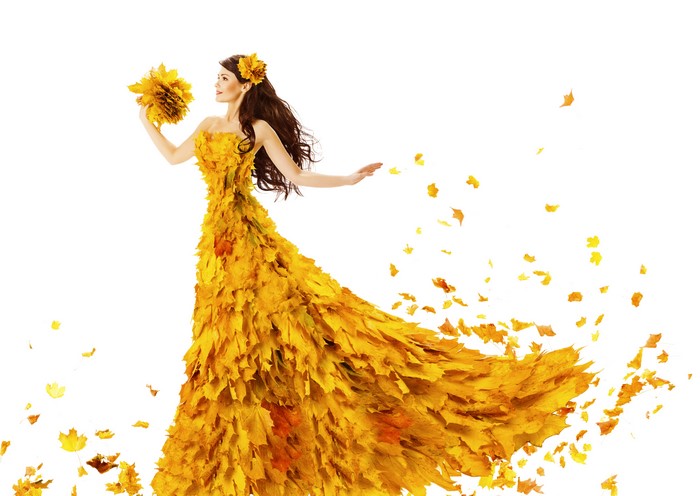 Woman in Autumn Leaf Dress with Falling Leaves