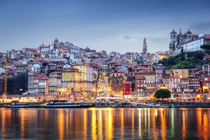 Porto, Portugal cityscape with Douro River at dusk